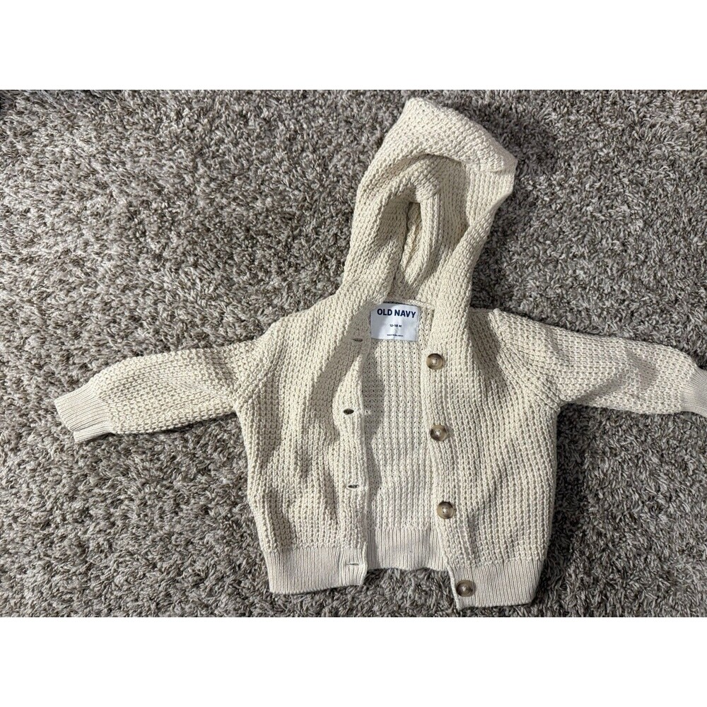 Old Navy Baby Knit Hooded Cardigan 12-18M Cream Button Sweater
